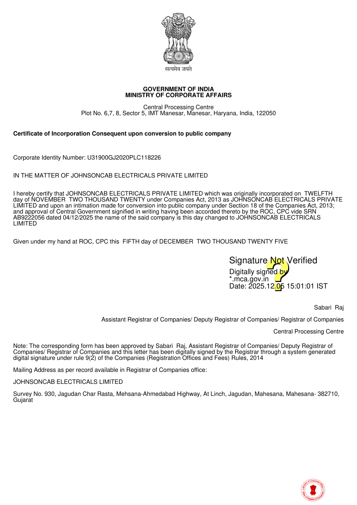 Certificate of incorporation - Johnson Cables