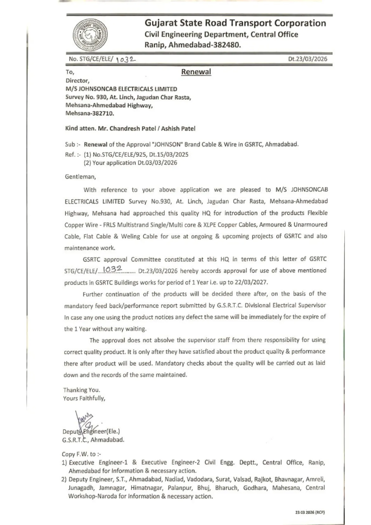 Gsrtc Certificate - Johnson Cables