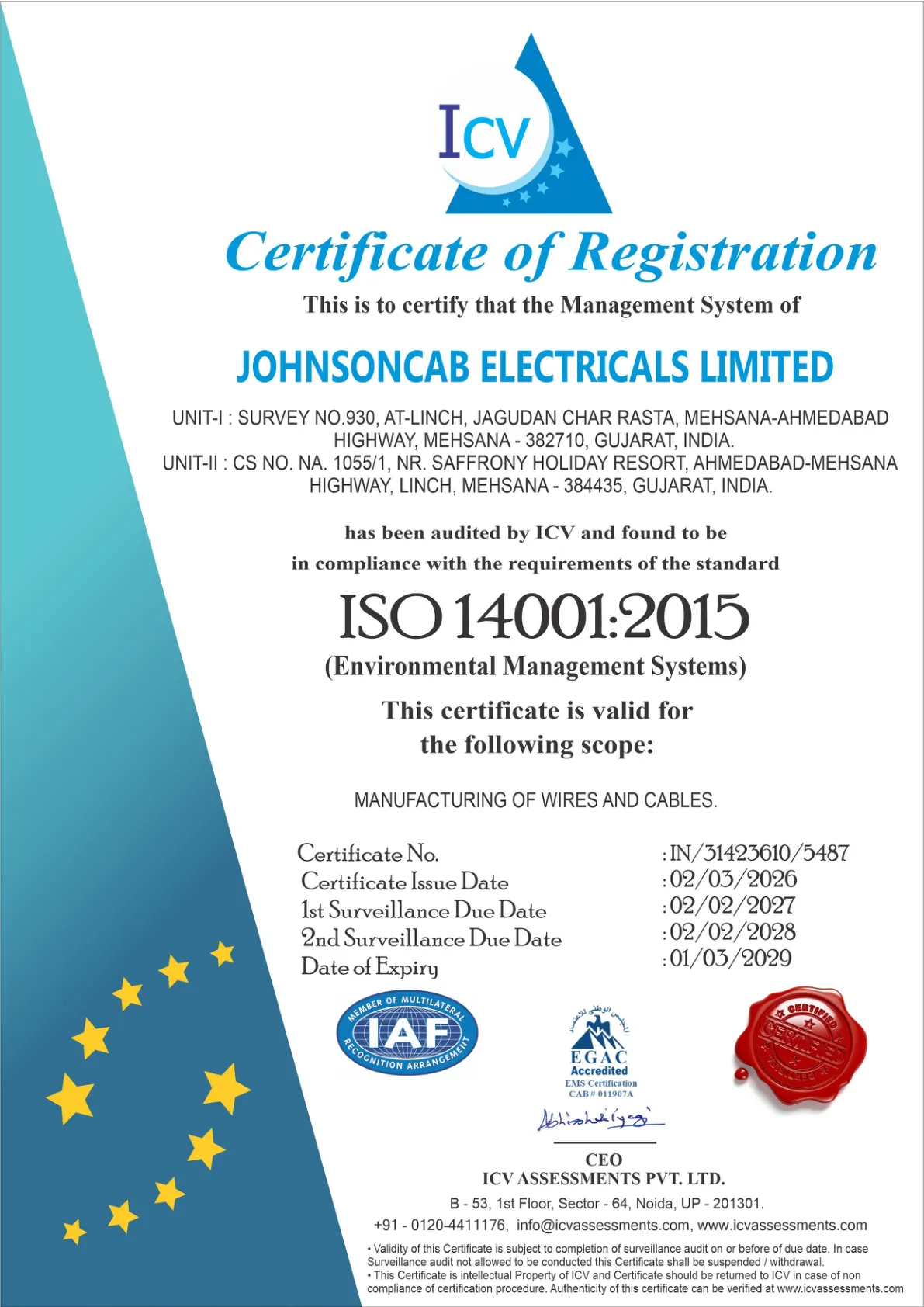 ISO 14001 2015 Certificate - Johnson Cables