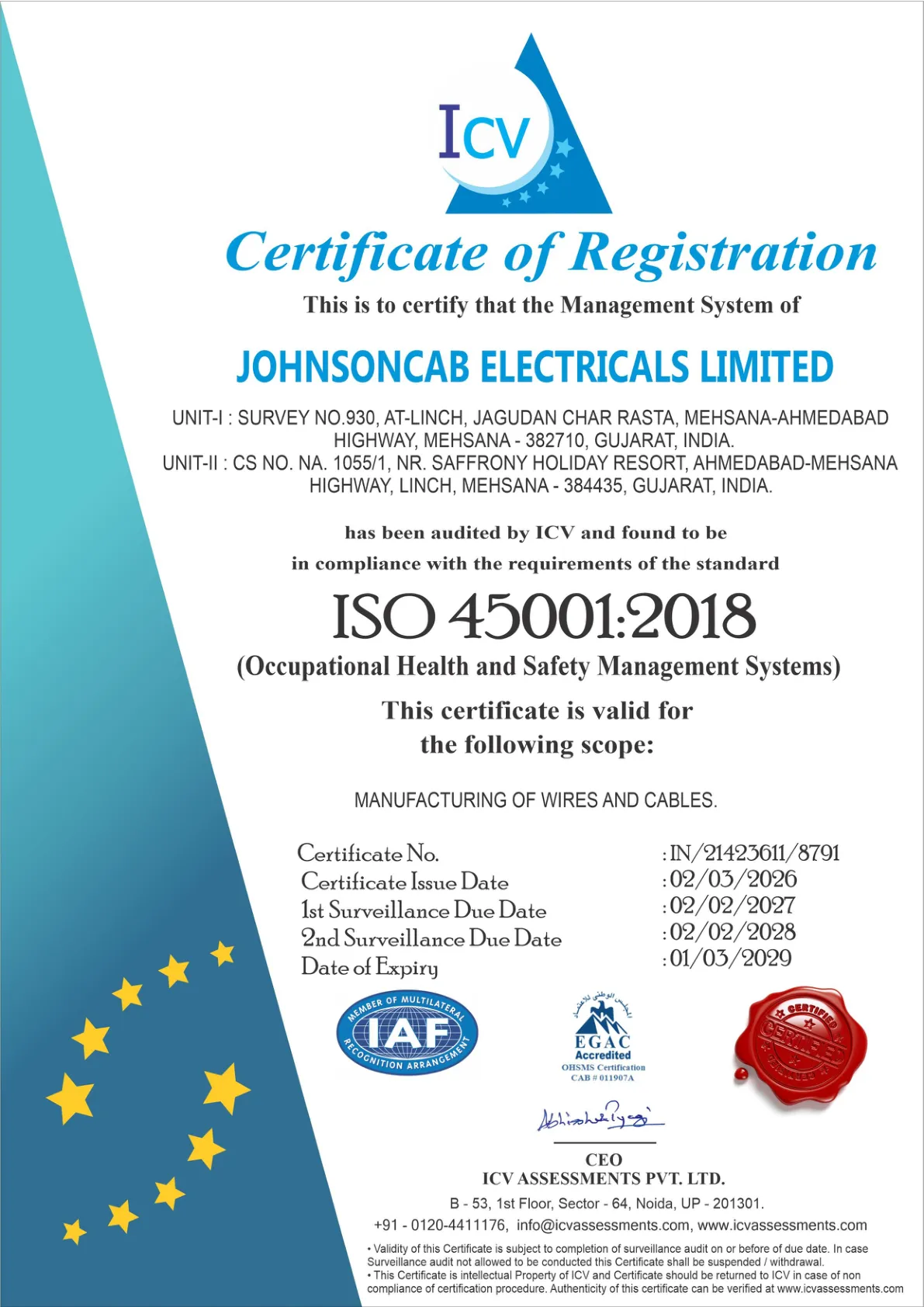 ISO 45001 2018 Certificate - Johnson Cables
