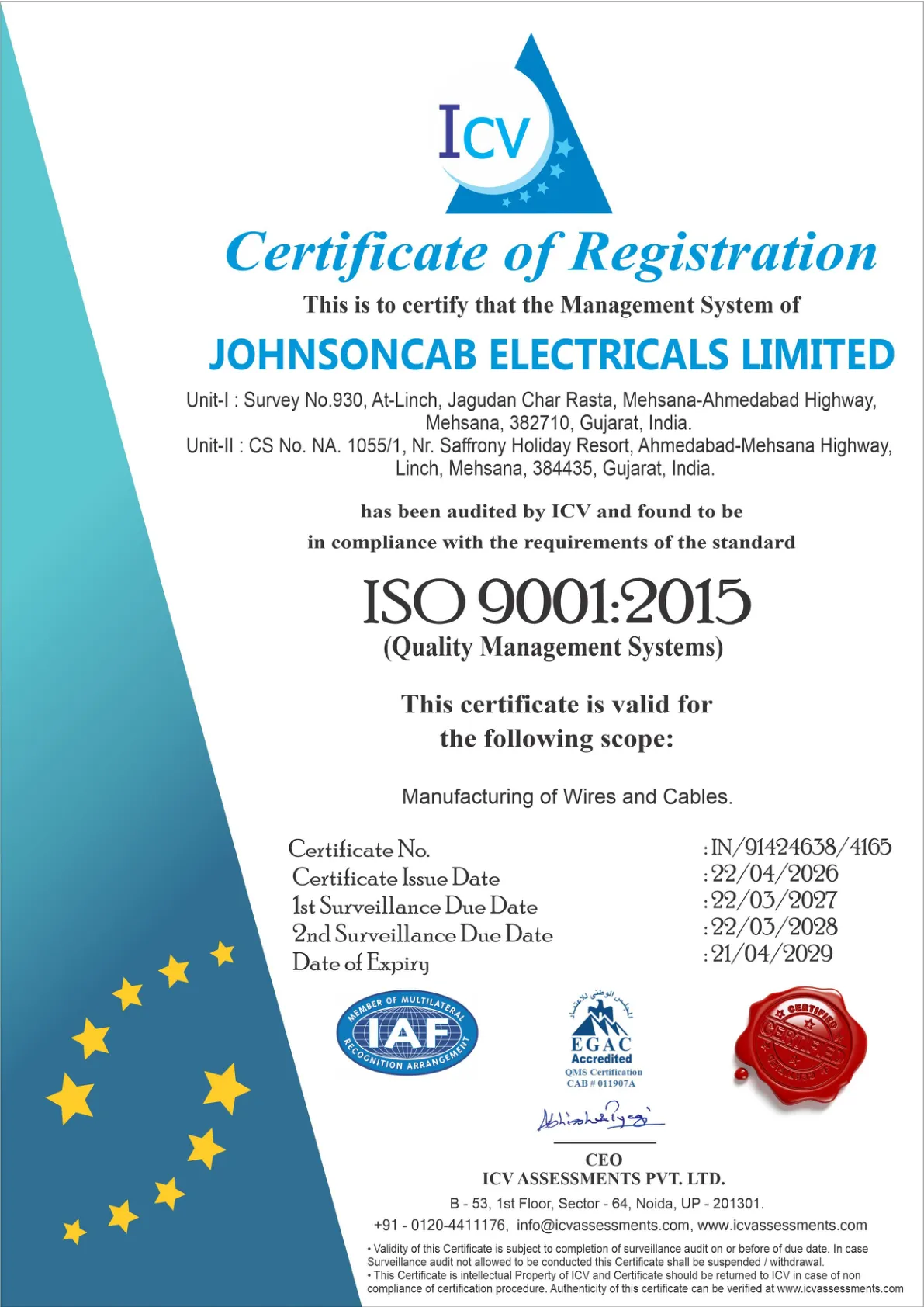 ISO 9001 2015 Certificate - Johnson Cables