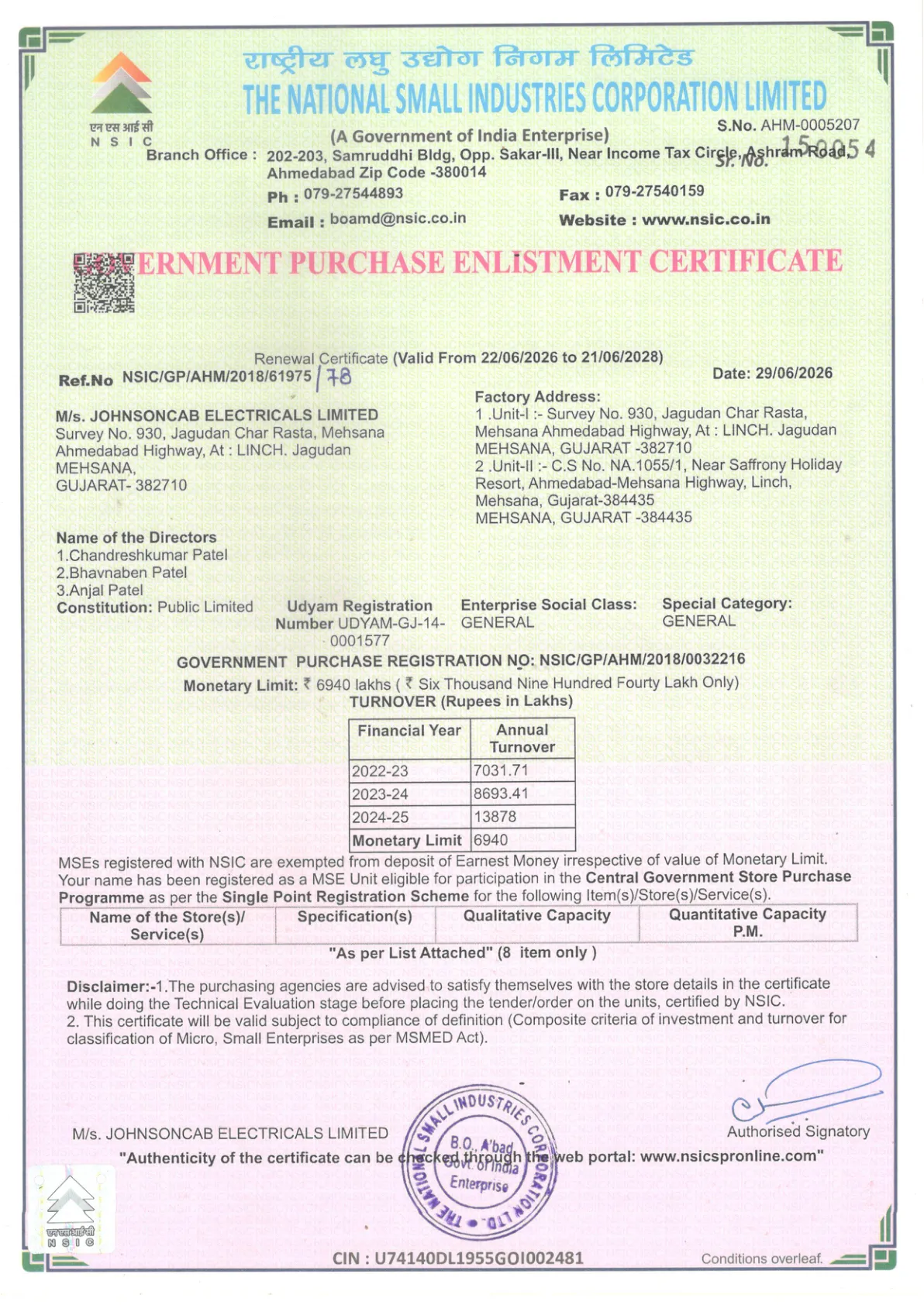 NSIC Certificate - Johnson Cables
