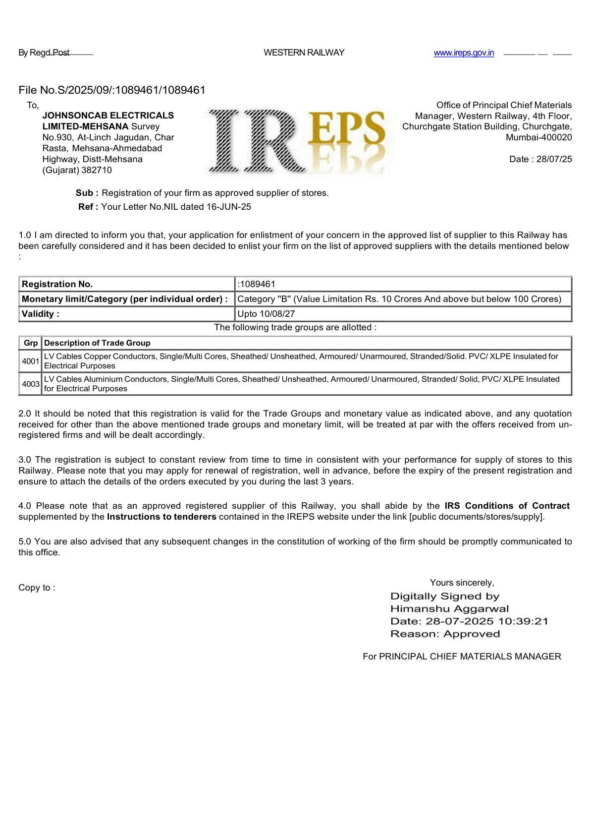 Railway Approval - Johnson Cables