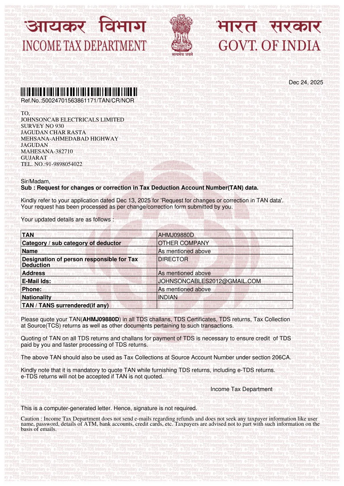 Tan Certificate - Johnson Cables