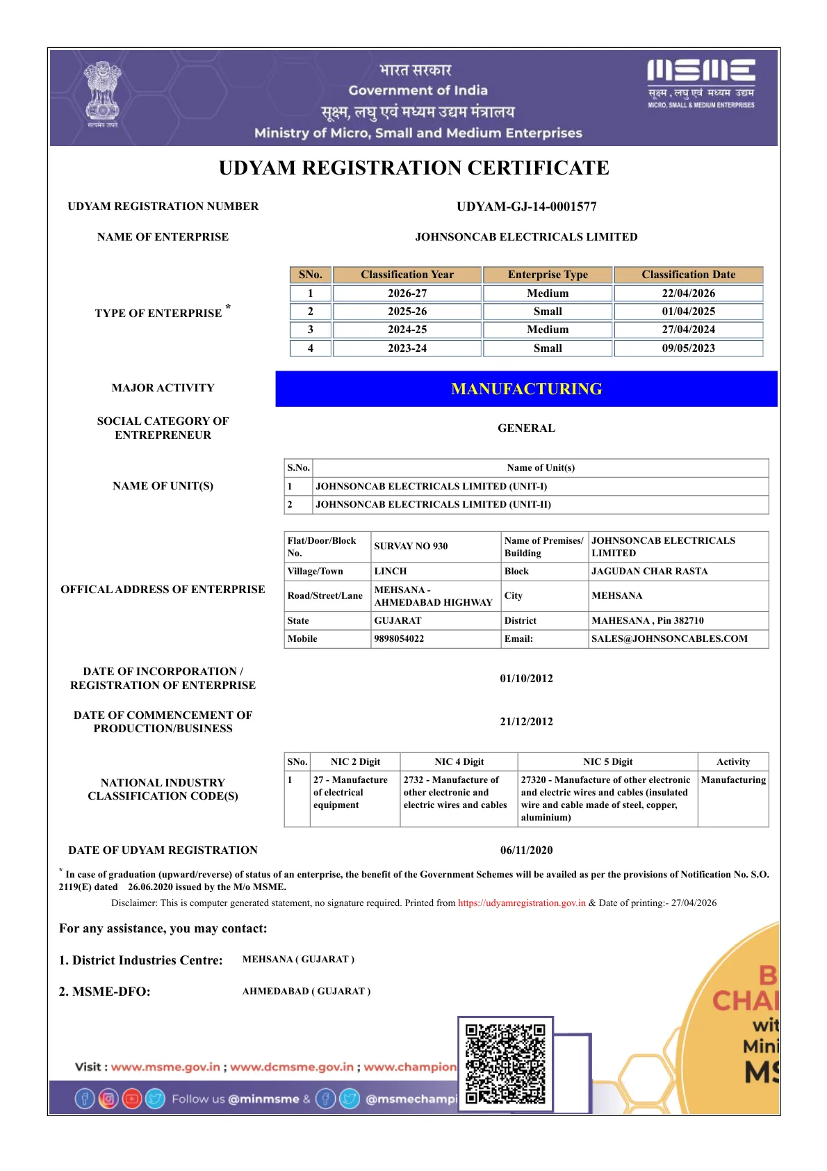 Udyam Registration Certificate 2026 - Johnson Cables